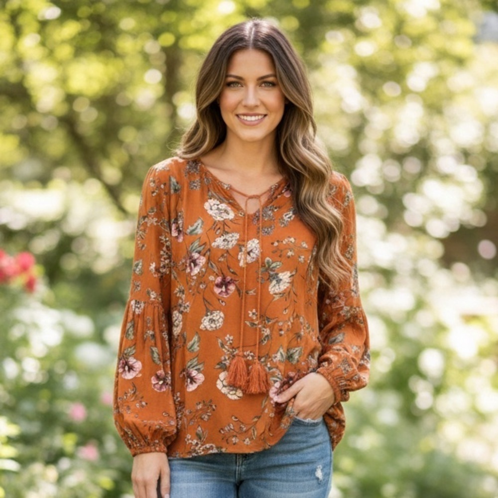 Altar'd State | Orange Vibrant Print Boho Balloon Sleeve Top | Size S